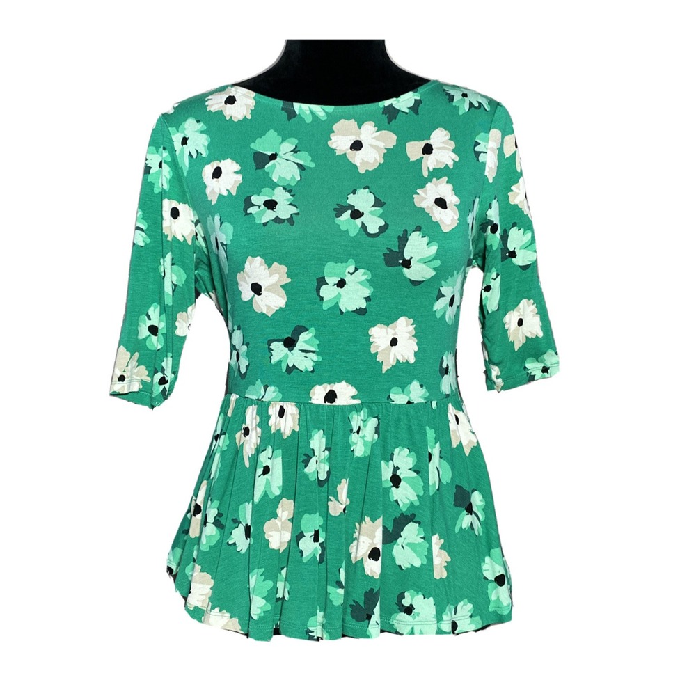 ELLE Blouse XS Green White Black Beige Floral‎ Bow Back Keyhole Peplum Top
